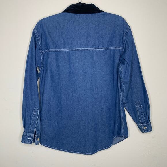 Skiing Snowman Holiday Denim Shirt Velvet Collar Sz Small - Picture 2 of 6